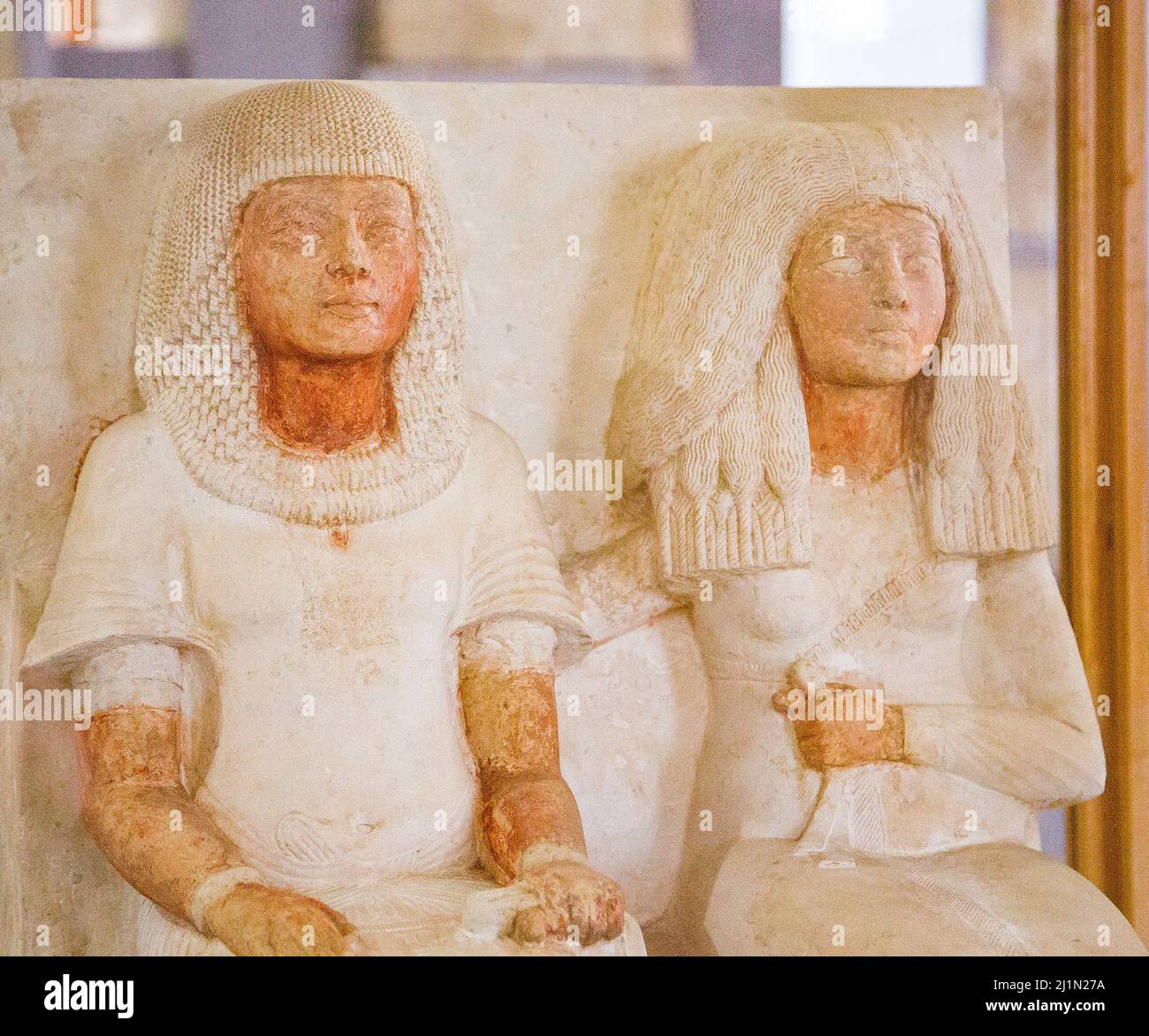 Cairo, Egyptian Museum, statue of Meryre and Iniuy, in limestone. Found in Saqqara by Leiden team. Stock Photo