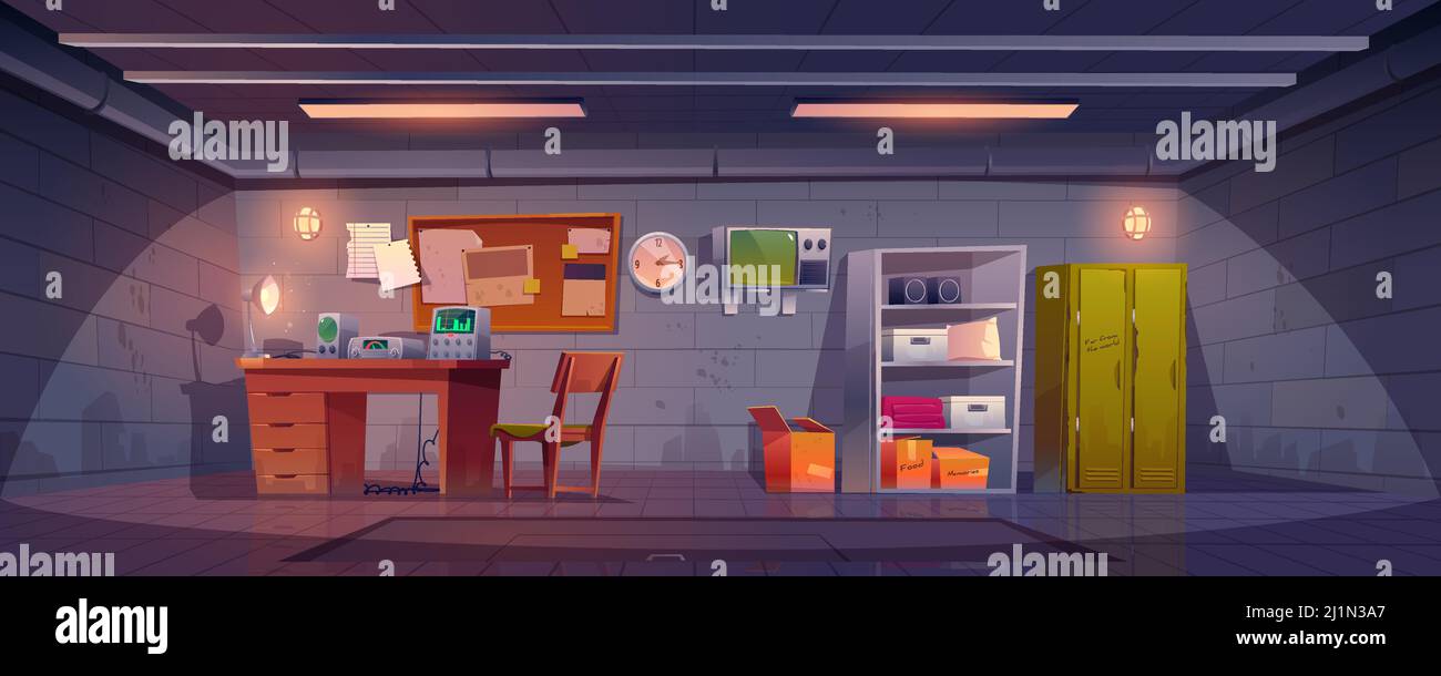 Underground bunker interior with lockers, appliances on desk, stocks on shelves and hatchway in floor. Vector cartoon illustration of bomb shelter for Stock Vector