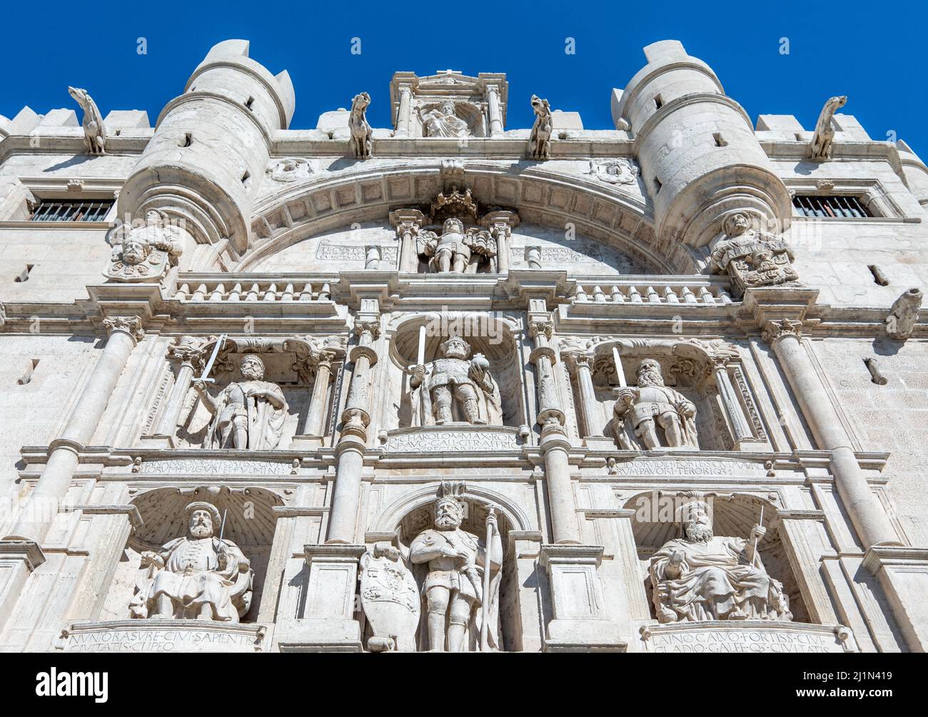 Spain, Burgos, upward view of the Arch of Santa Maria, the main gate of