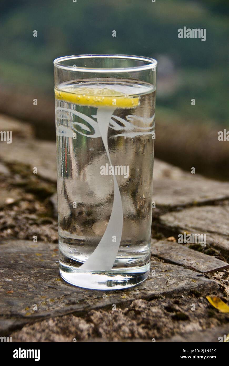 Glass with fresh sparkling water with lemon slice outdoors in autumn. Stock Photo