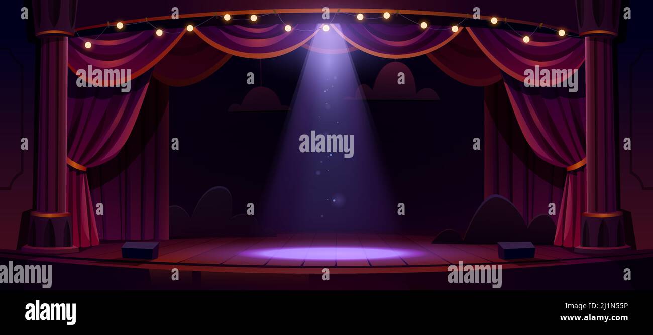 Dark theater stage with red curtains, columns and spotlight in center. Theatre interior empty wooden scene, luxury velvet drapes, decoration and light Stock Vector