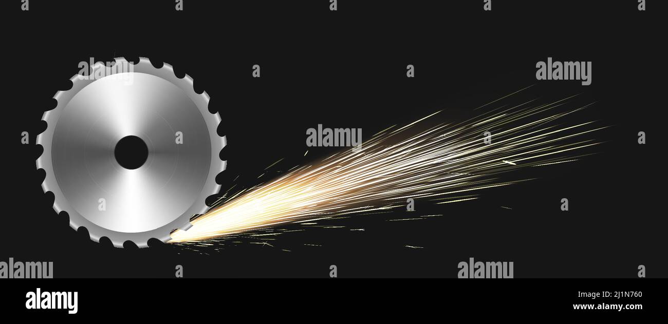 Rotating circular saw blade with fire sparks. Vector realistic illustration with flare effect of cutting metal by steel saw disc isolated on black bac Stock Vector