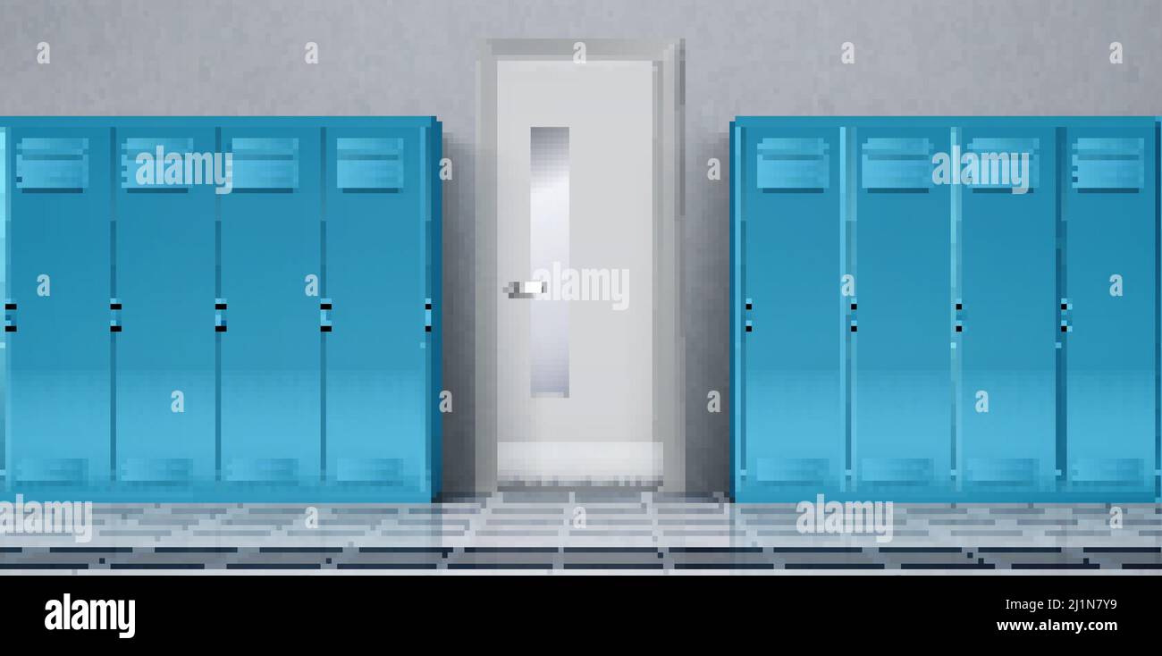 Blue lockers in school corridor and closed door to class room. Vector realistic interior of hallway with individual metal cabinets in sport or fitness Stock Vector