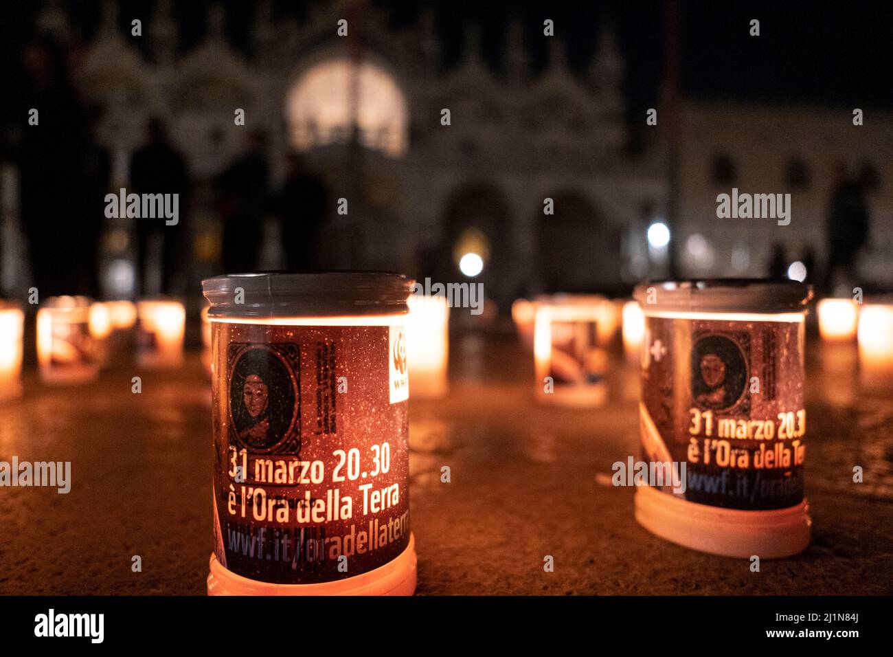 St. Mark's Square in the dark during Earth Hour, WWF's global initiative in Venice, Italy March 26, 2022. Stock Photo