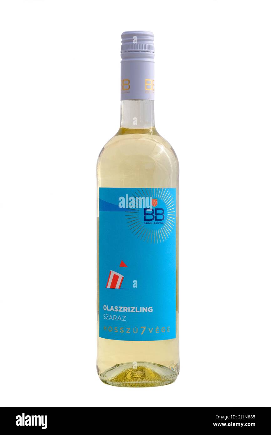 bottle of bb Olaszrizling száraz riesling hungarian white wine cut out on white background Stock Photo