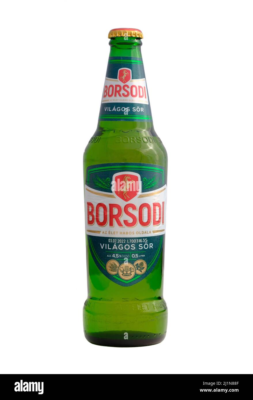 bottle of borsodi lager cut out on white background Stock Photo