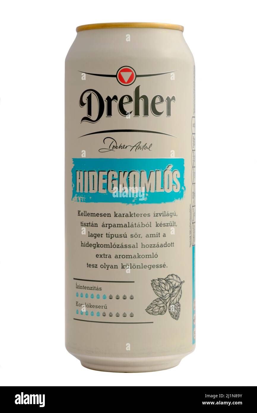 can of dreher hidegkomlos lager cut out against white background Stock Photo