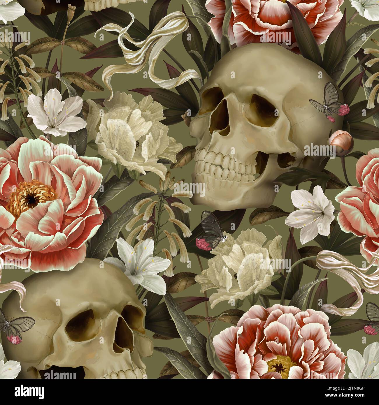 Vintage floral seamless wallpaper with skulls, peonies, butterflies. Dark  botanical background. Repeating pattern for design of fabric, paper Stock  Photo - Alamy