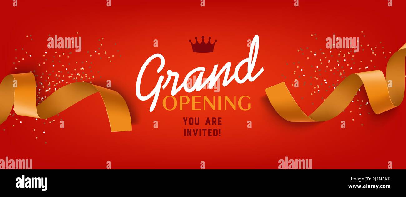 Grand opening red banner design with gold ribbon, crown and confetti. Festive template can be used for invitation cards, flyers, posters. Stock Photo