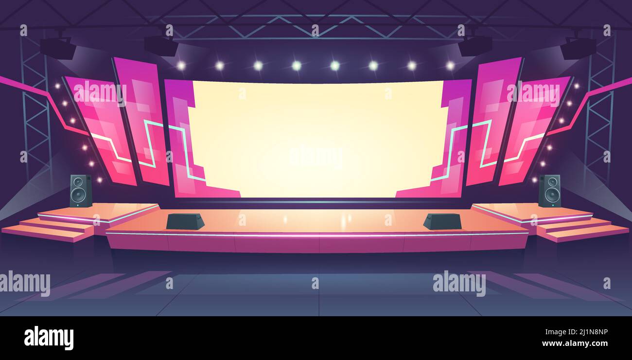 Concert stage with screen illuminated by spotlights. Vector cartoon illustration of empty scene for rock festival, show, performance or presentation. Stock Vector