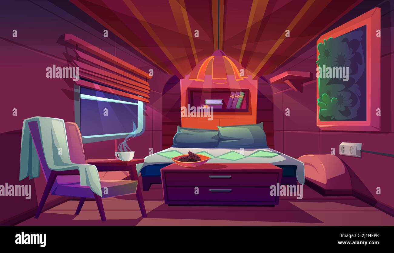 Camper interior with bed, bookshelves, chair and nightstand. Empty ...