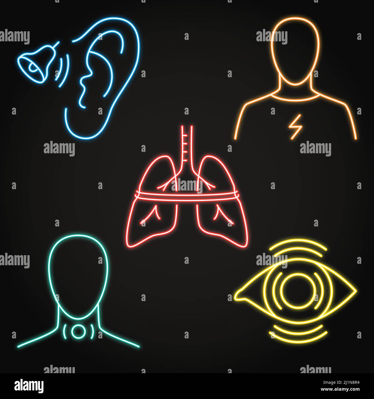 Neon stress reaction symptoms icon set. Shortness of breath, chest pain