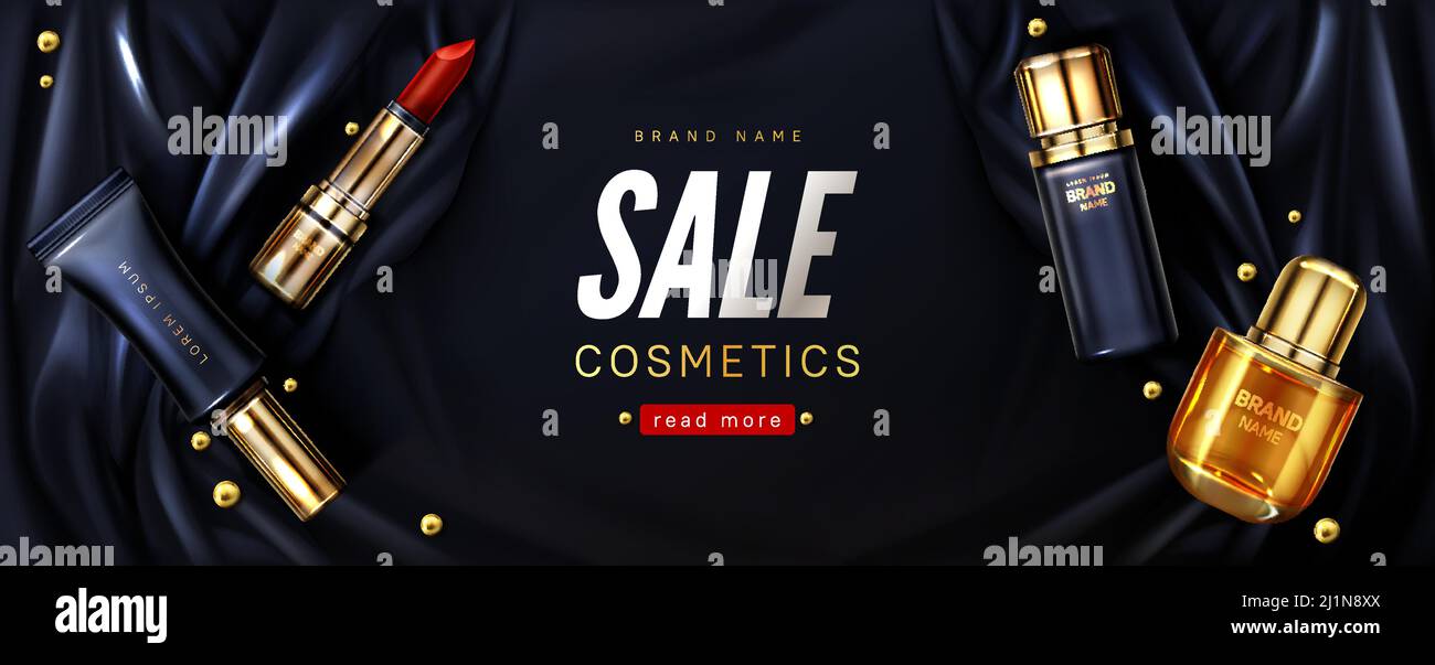 Sale banner with cosmetic products on black draped silk fabric. Vector