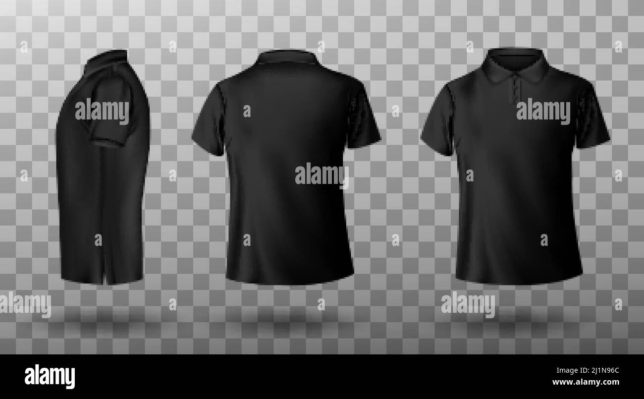 Men black polo shirt front and back view. Vector realistic mockup of male blank t-shirt with collar and short sleeves, sport or casual apparel isolate Stock Vector