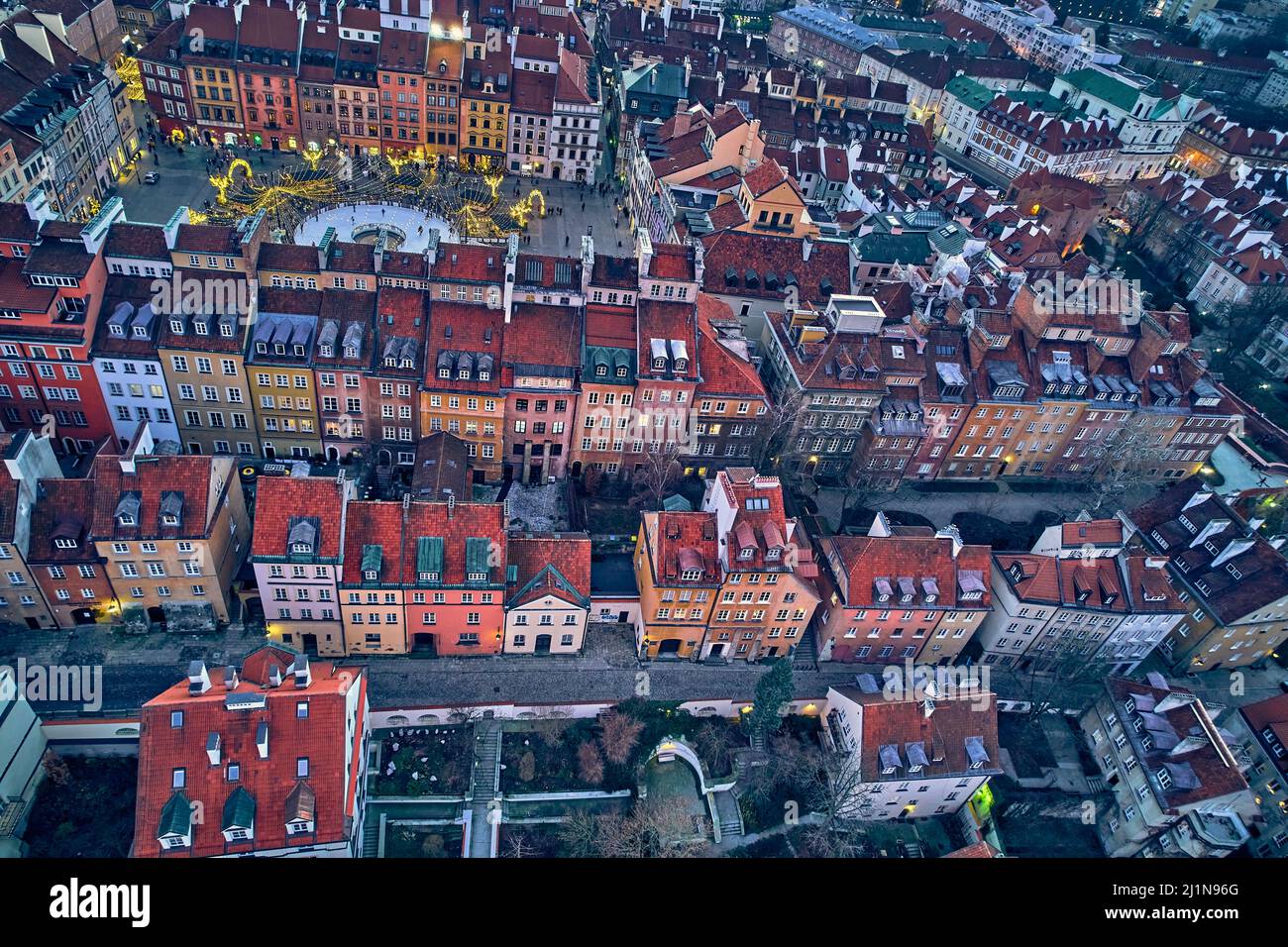 Beautiful panoramic aerial drone skyline sunset view of the Warsaw City
