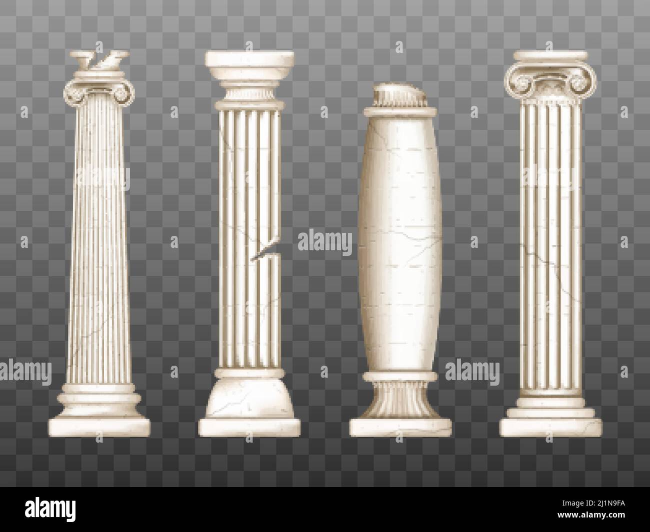 Baroque pillars, roman renaissance columns with cracks. Ancient classic ivory marble, stone greece classic architecture, antique interior colonnade fa Stock Vector