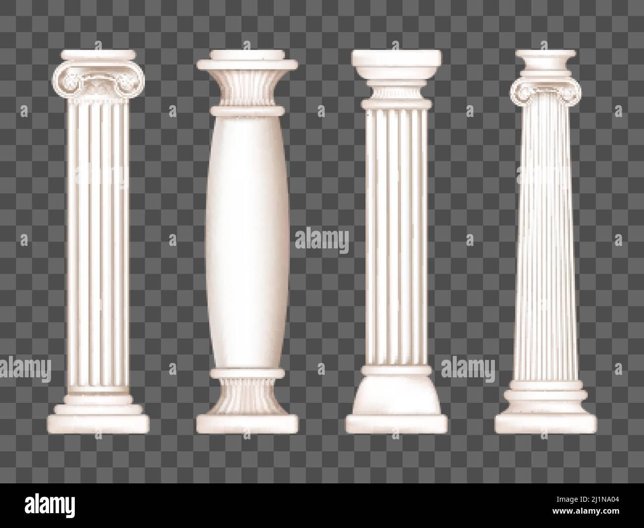 Ancient roman columns, marble architecture decor. Vector realistic antique greek white pillars with capitals in doric, corinthian, ionic and tuscan st Stock Vector