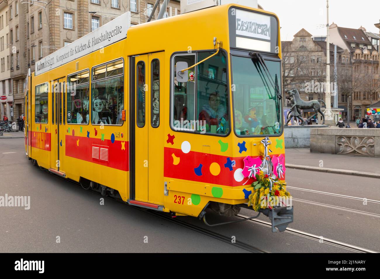 Basel Switzerland February 21 Yellow Tramway With Carnival