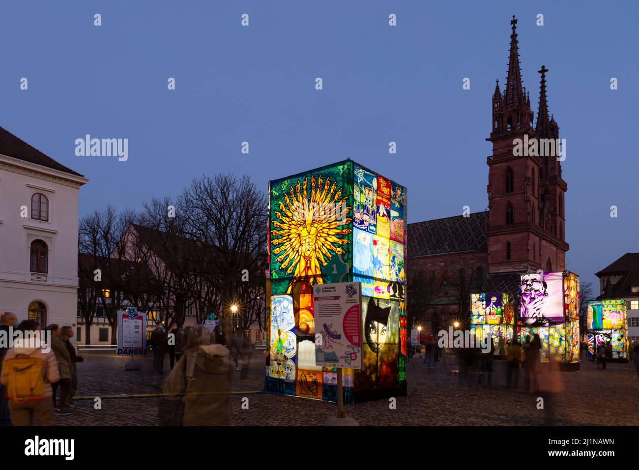 Basel, Switzerland - February 21. Cathedral square with illuminated carnival lantern exhibition Stock Photo