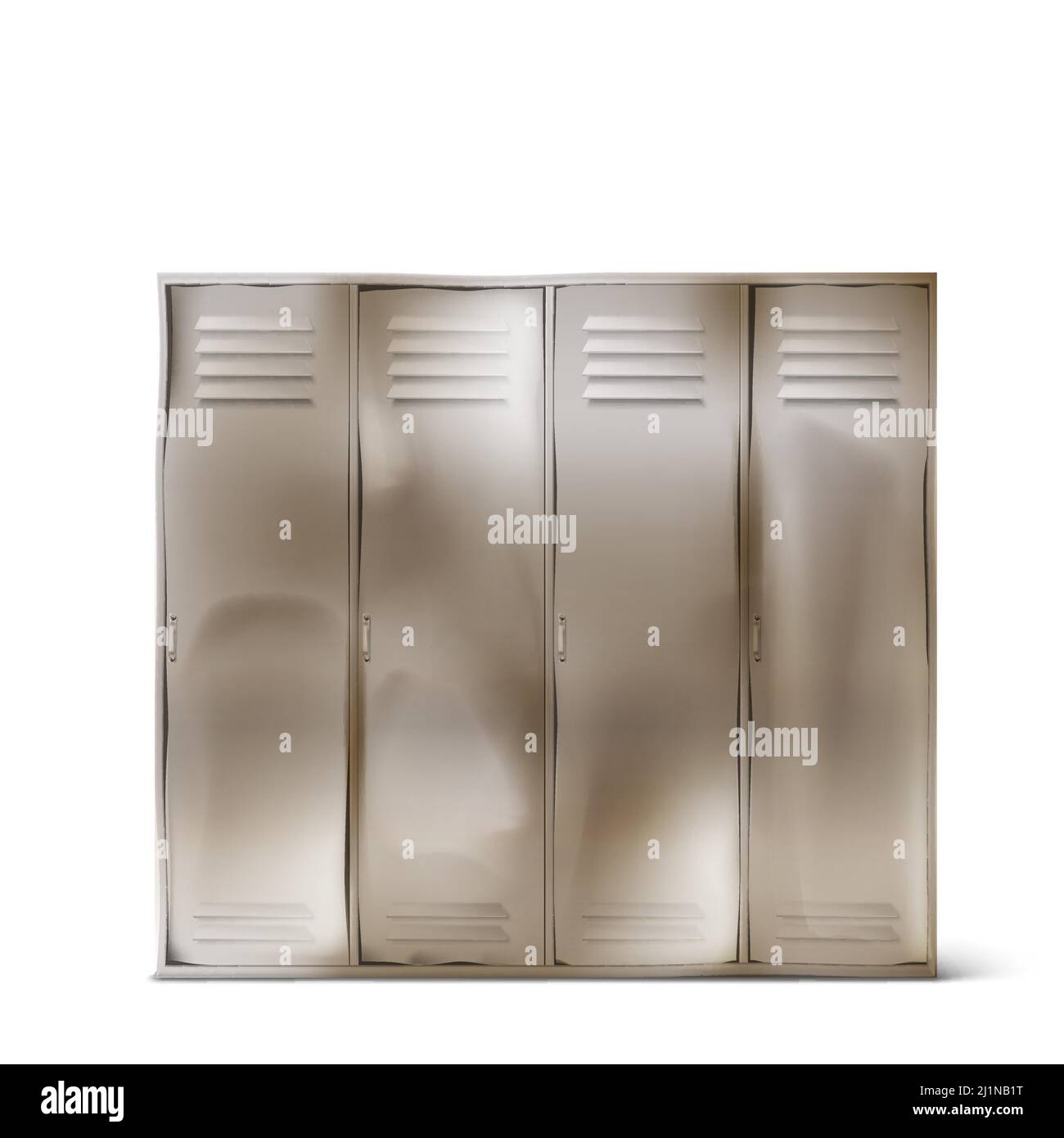 Old steel lockers with dents in school corridor or changing room in gym. Vector realistic rumpled metal cabinets with closed doors in sport or fitness Stock Vector