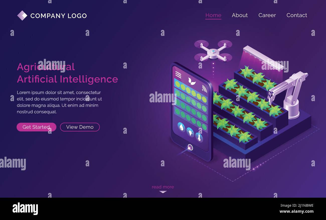 Agricultural artificial intelligence isometric landing page. Smart farming, ai technologies in farm industry. Robotics arm care of plants, smartphone Stock Vector