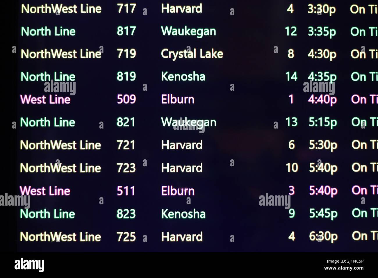 Train schedule with a list of train lines for Chicago’s Metra rail