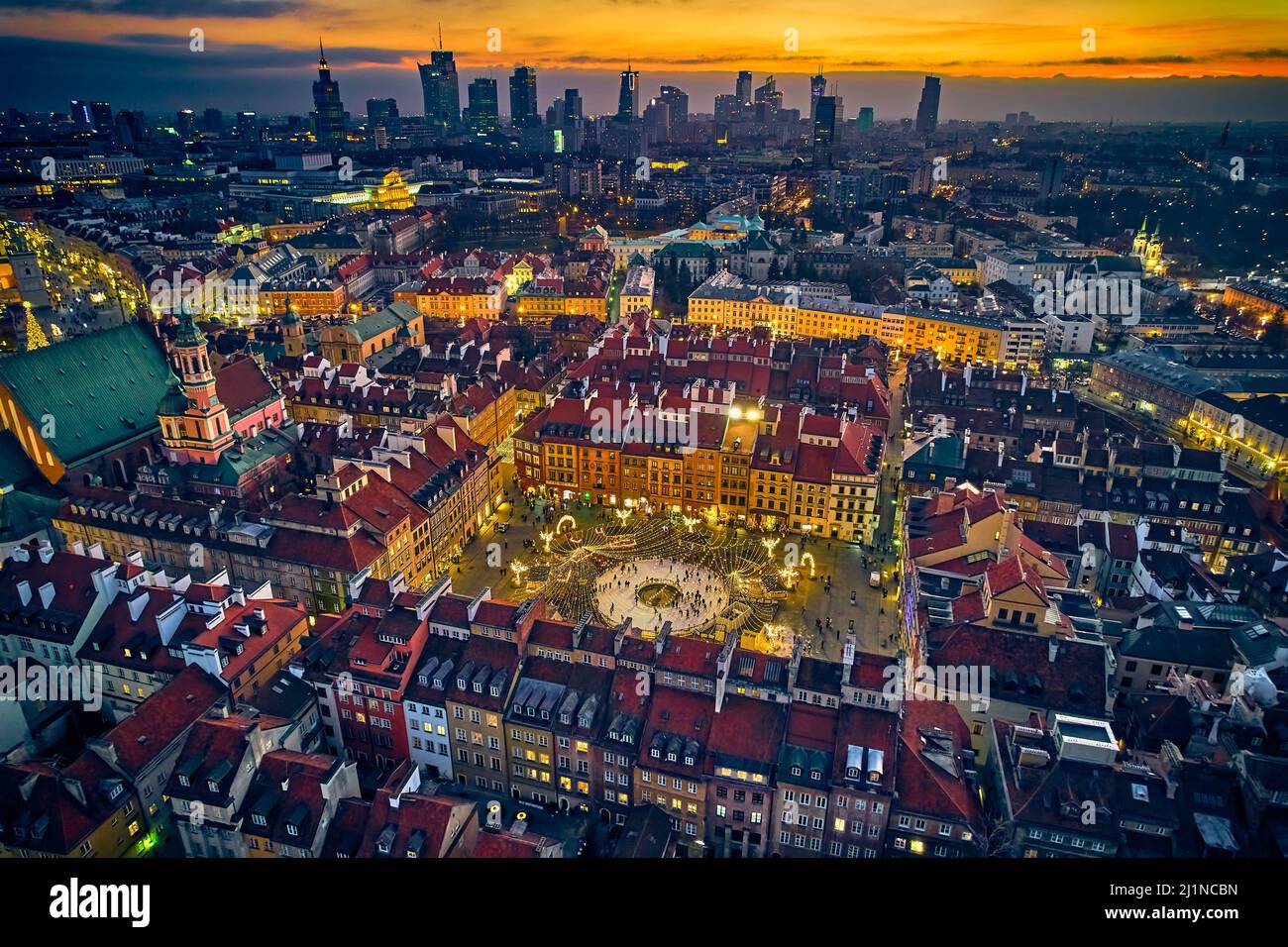 Beautiful panoramic aerial drone skyline sunset view of the Warsaw City