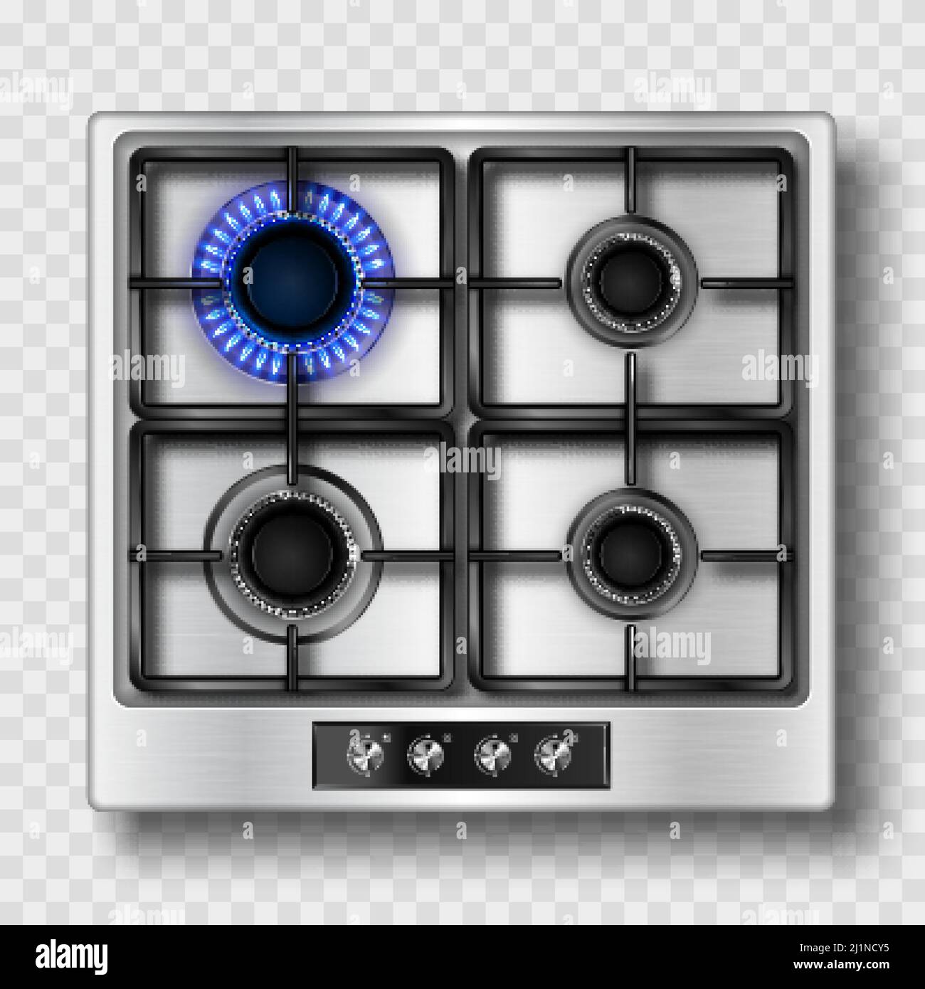 Gas stove top view with blue flame and black steel grate. Kitchen burner with lit and off hobs. Realistic 3d vector burning propane butane flame in co Stock Vector