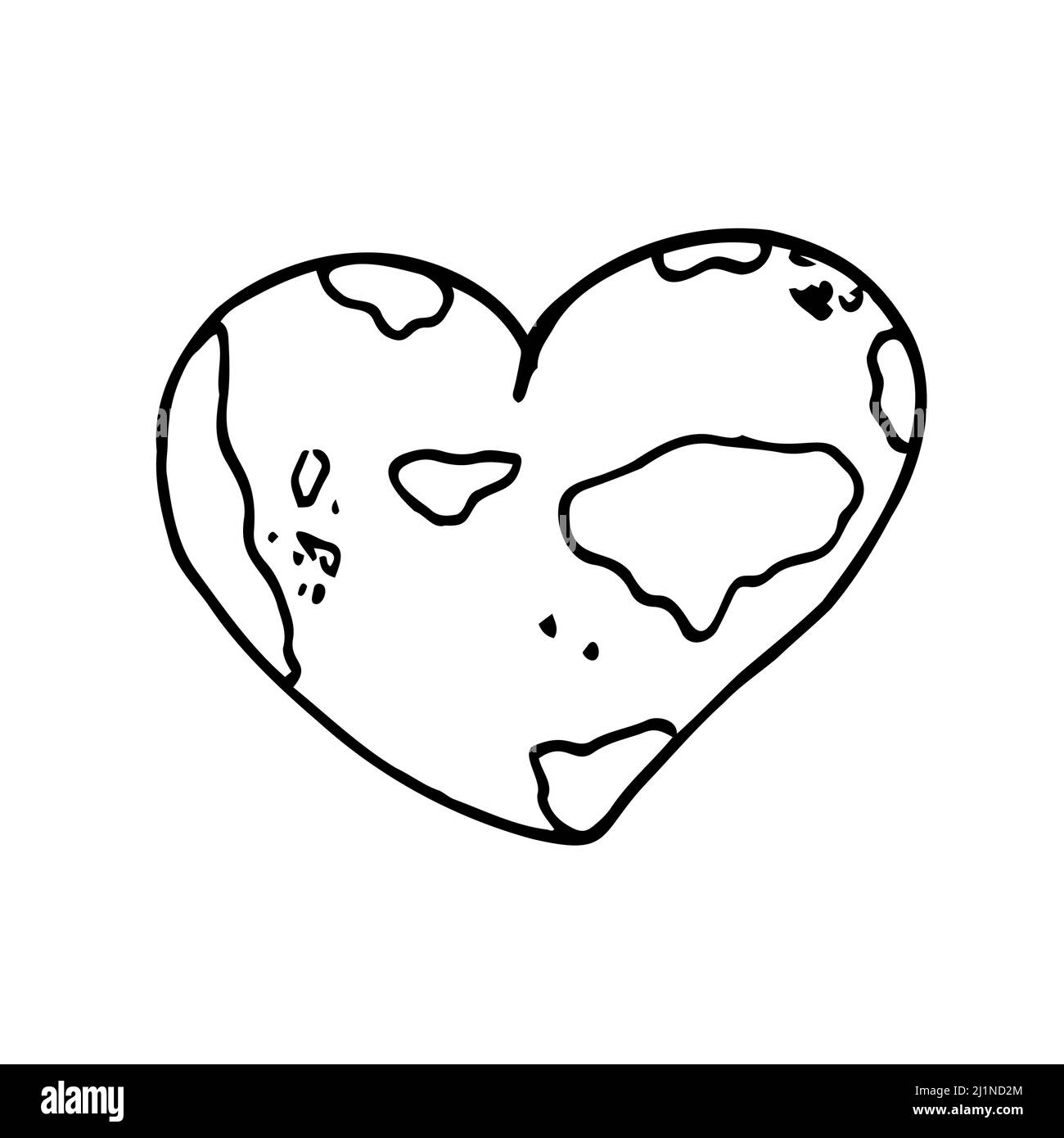 Vector illustration of the line drawing of the heart and world. The world of love. The happy Earth day. Stock Vector