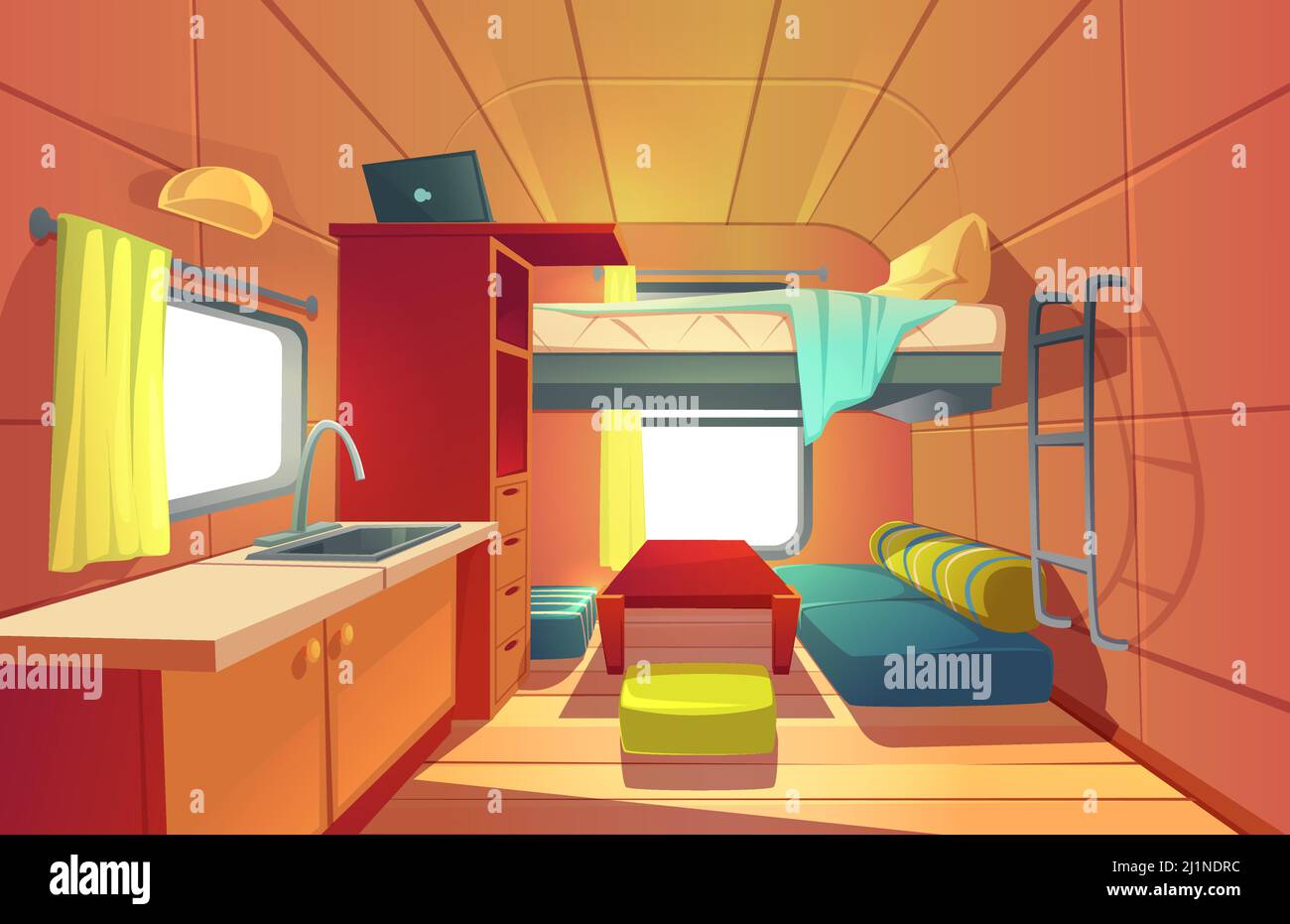 Camping trailer car interior with loft bed, couch, kitchen sink, desk with laptop, bookshelf and window. Rv motor home room inside view, cozy place fo Stock Vector