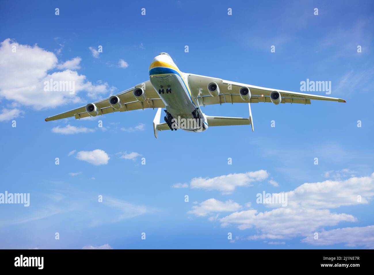 The plane Antonov 225 AN-225 Mriya fly, the biggest airplane in the world taking off from the airport. UR-82060 largest aircraft flying in the sky. Ukraine, Hostomel - August 18, 2021. Stock Photo