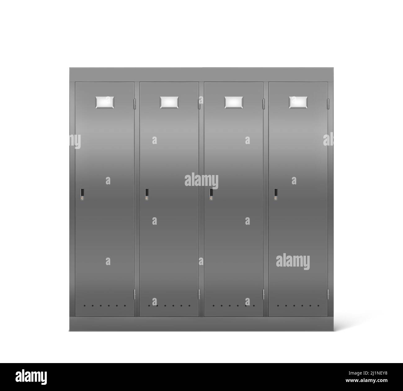 Steel lockers in school corridor or changing room in gym. Vector realistic interior with individual metal cabinets with closed doors in sport or fitne Stock Vector