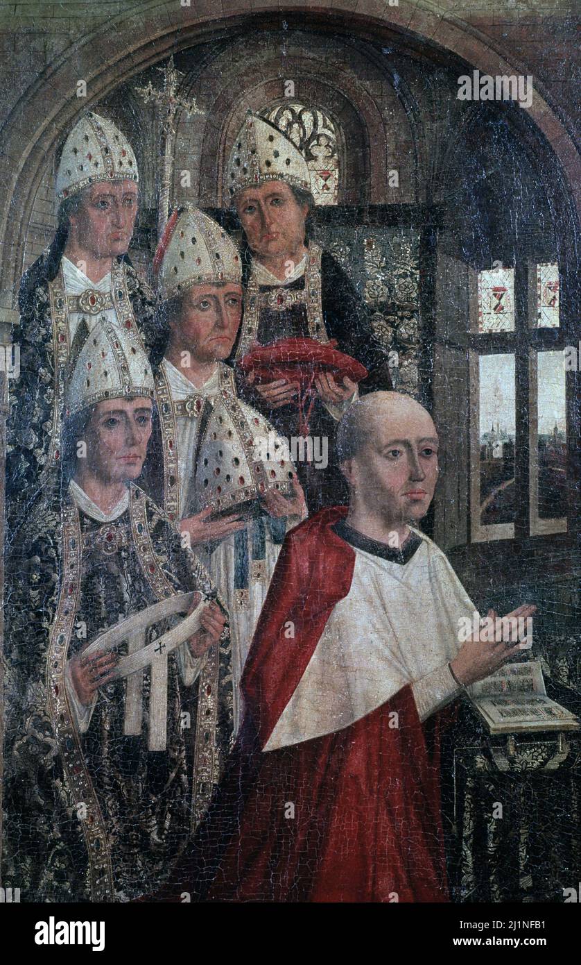 MENDOZA , PEDRO GONZALEZ DE . POLITICO Y ECLESIASTICO ESPAÑOL . GUADALAJARA 1428 - 1494. ' EL GRAN CARDENAL ' , OLEO ANONIMO 1484. PEDRO GONZALEZ DE MENDOZA JUNTO A LOS PRELADOS QUE ASISTIERON A SU CONSAGRACION . MUSEO PROVINCIAL . GUADALAJARA. Stock Photo