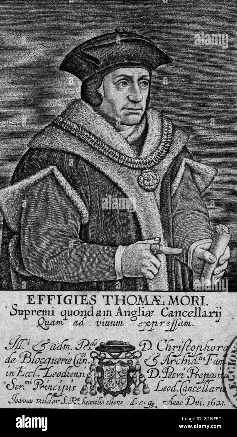 TOMAS MORO , SANTO ( 1478 - 1535 ). CANCILLER DE INGLATERRA EN TIEMPOS DEL REY ENRIQUE VIII. GRABADO RETRATO. BIBLIOTECA NACIONAL . MADRID. Stock Photo