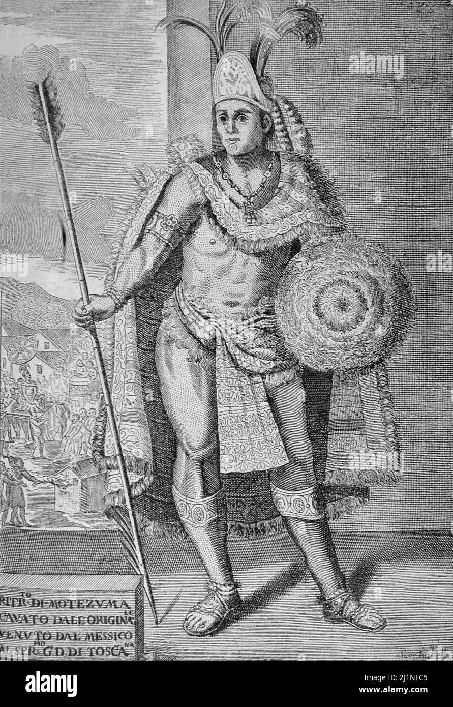MOCTEZUMA I. EMPERADOR AZTECA ENTRE 1440-1469. GRABADO DE ' HISTORIA DE LA CONQUISTA DEL PERU' DE ANTONIO SOLIS. BIBLIOTECA NACIONAL. MADRID. Stock Photo