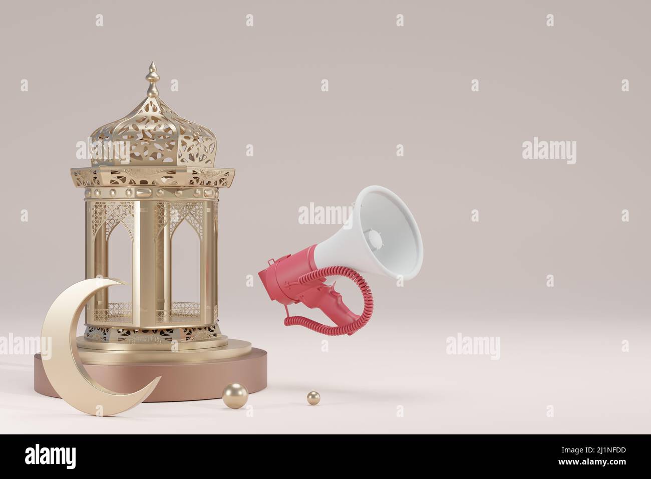 Islamic background, Gift box, lantern, gold crescent moon on white. Design concept of ramadan kareem, mawlid, iftar,isra and miraj or eid al fitr adha Stock Photo