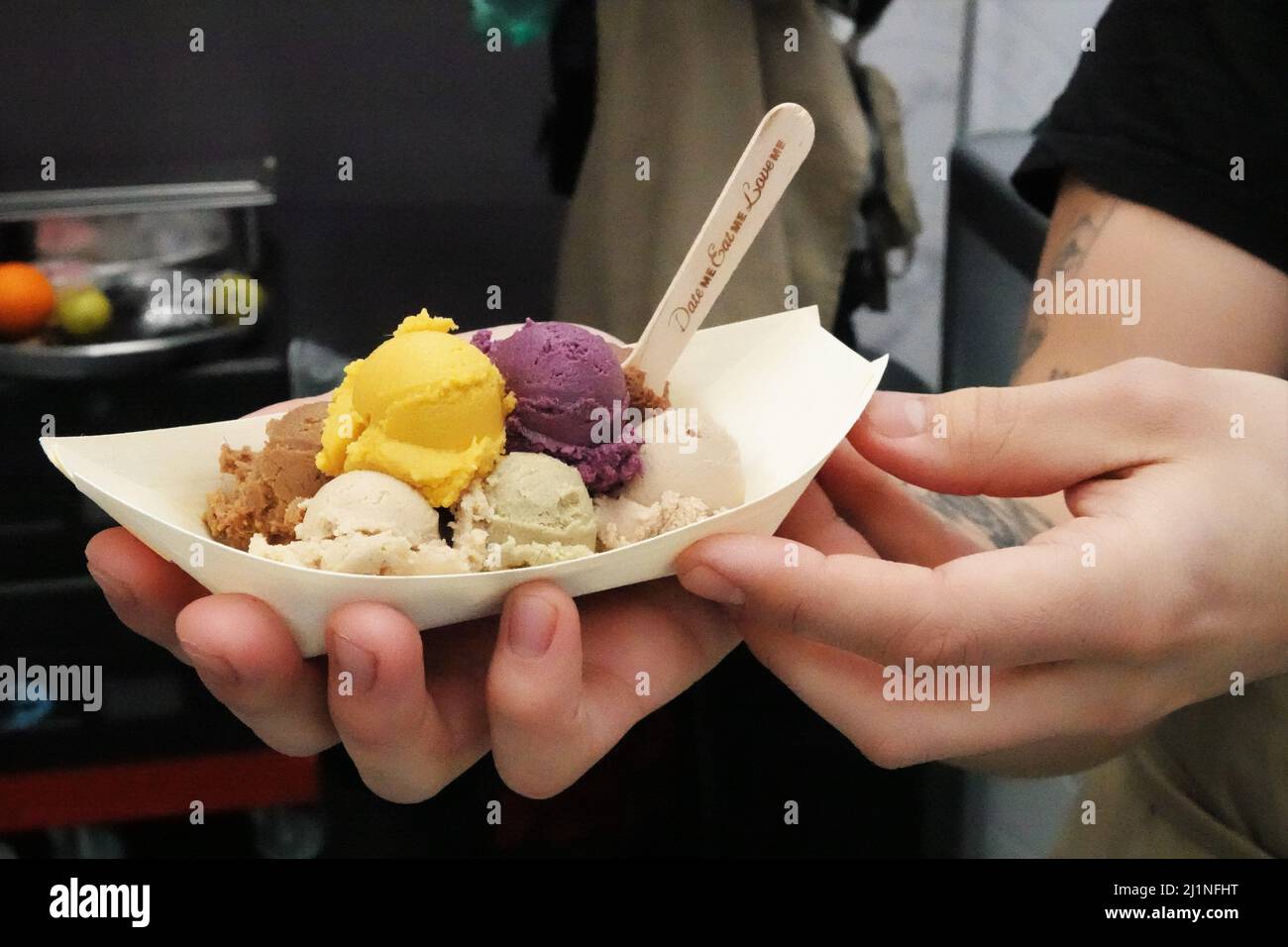 Duesseldorf, Germany. 27th Mar, 2022. Vegan ice cream varieties are presented at a stand at the 'Veggie-World' trade fair in Düsseldorf. The fair presents the latest vegetarian and vegan nutrition trends at the weekend. Credit: Sophie Brössler/dpa/Alamy Live News Stock Photo