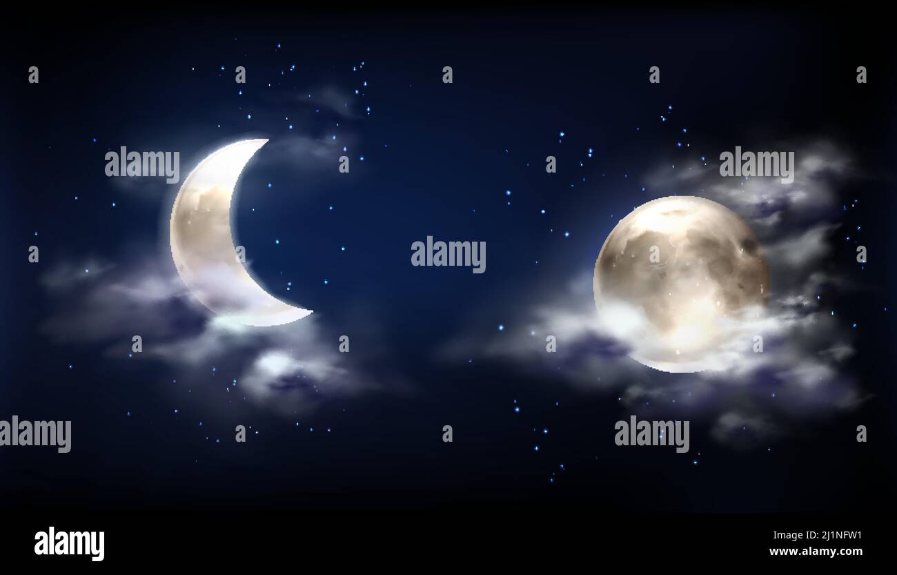 Moon in night sky with clouds and stars. Vector realistic illustration ...