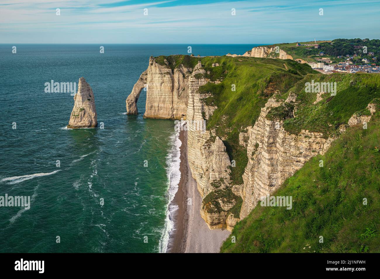 Majestic Atlantic coastline landscape. Admirable waterfront cliffs in Etretat, Normandy, France, Europe Stock Photo