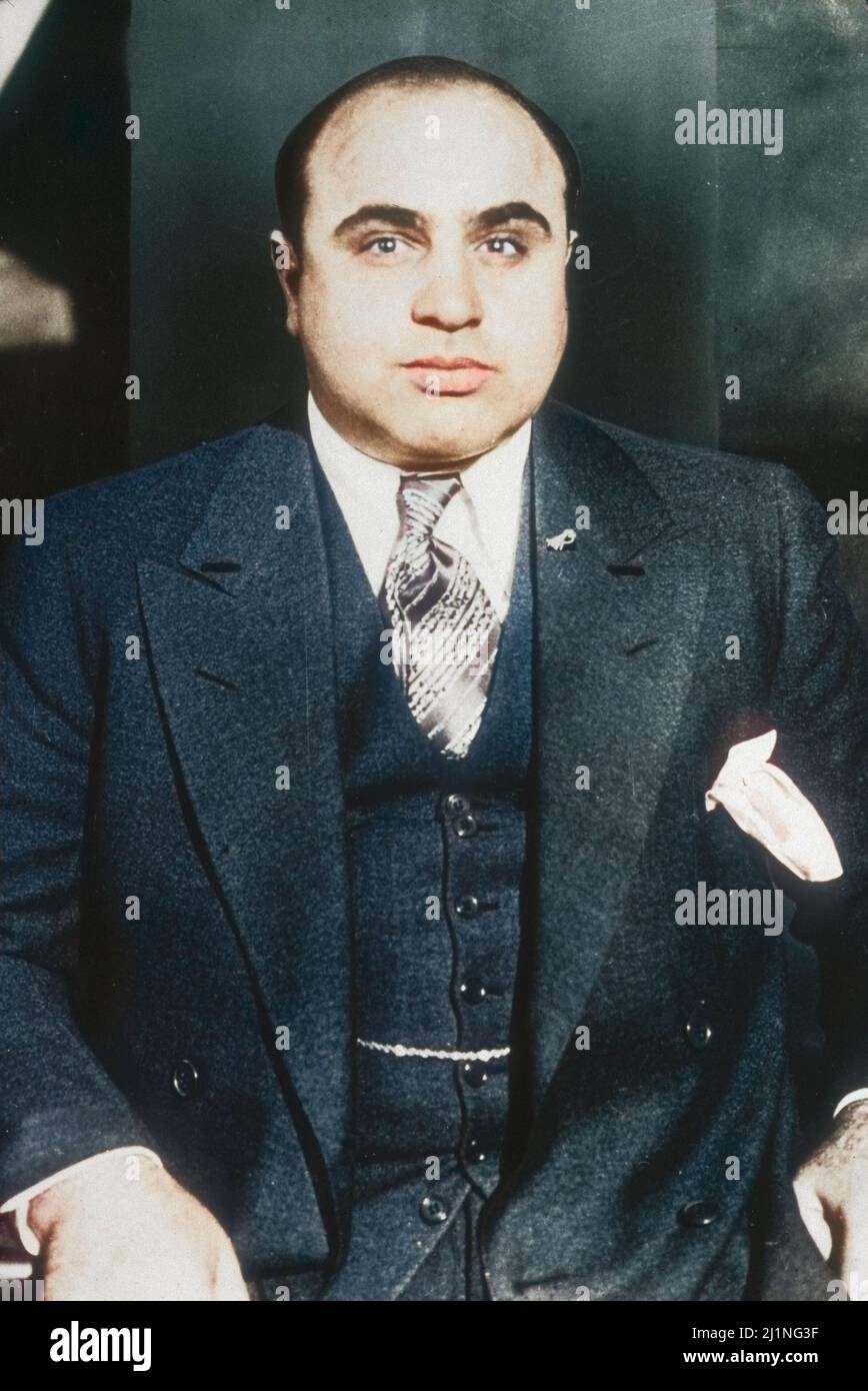 American criminal Al Capone (1899 - 1947). The Saint Valentine's Day massacre cemented his control over the Chicago underworld. 1930. Colorized. Stock Photo