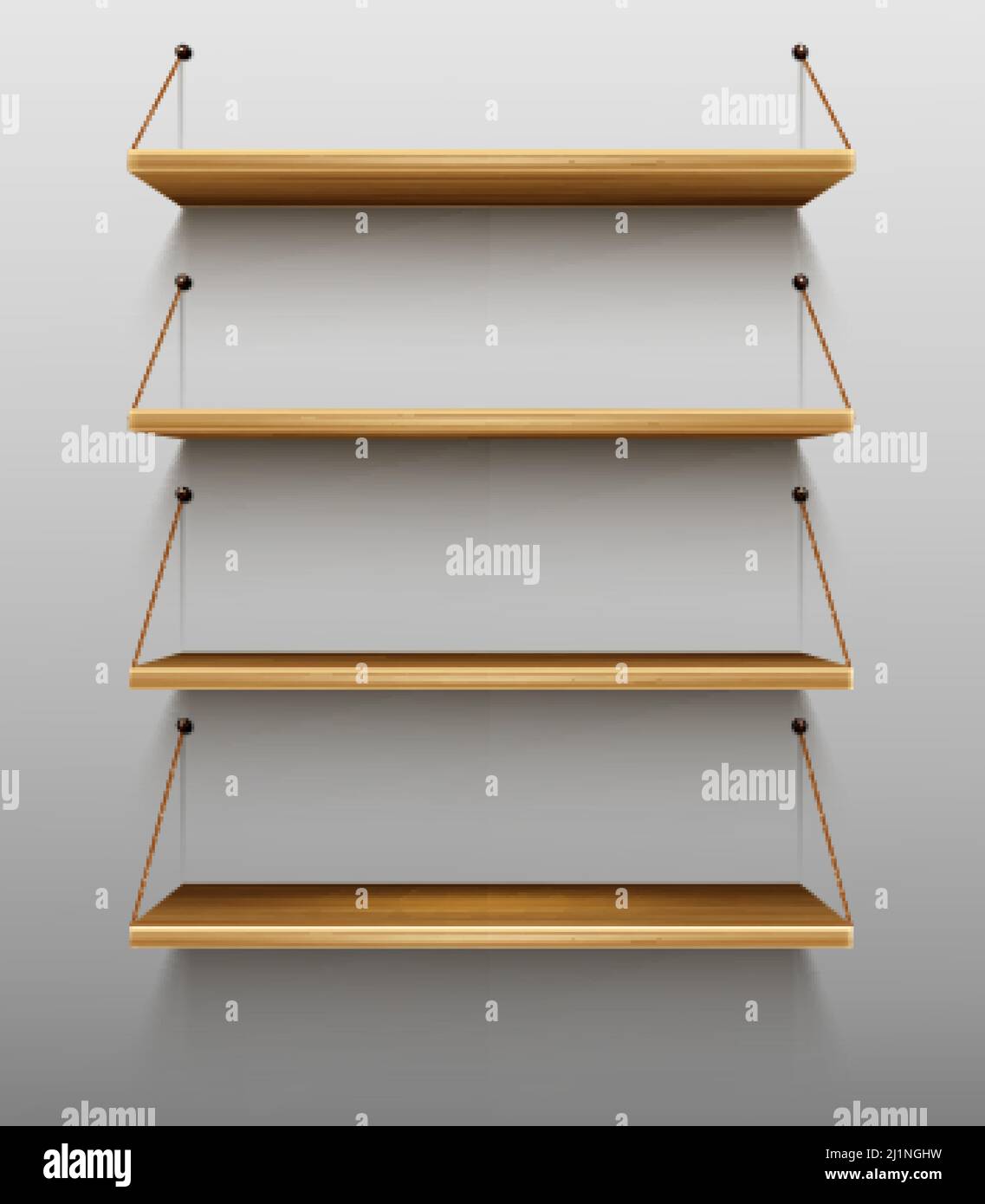 Empty wooden bookshelves on wall, shelves for books in library, wood rack hanging on ropes in store, brown timber planks for storage or gallery exhibi Stock Vector