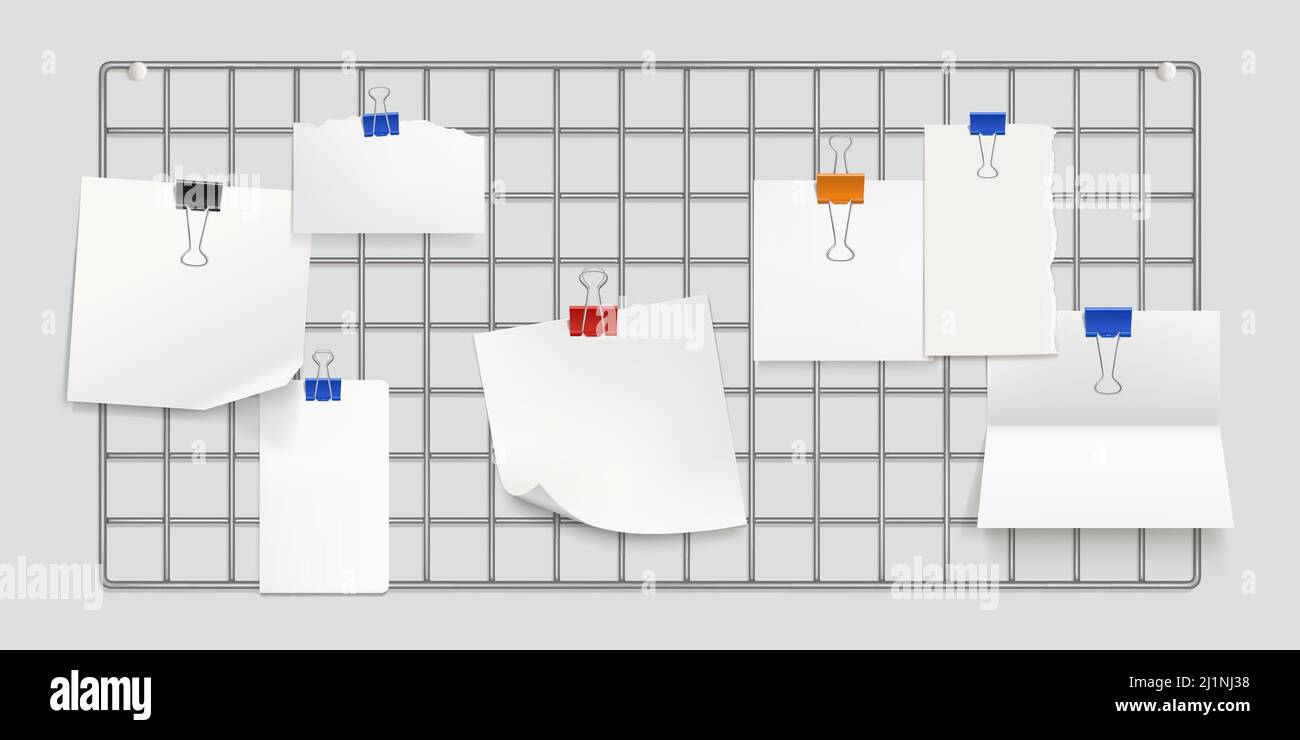 Memo grid board, wall organization with blank paper sheets for messages ...