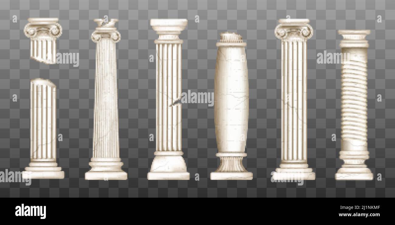 Ancient roman columns, marble baroque architecture. Vector realistic old broken antique greek pillars with capitals in doric, corinthian, ionic and tu Stock Vector