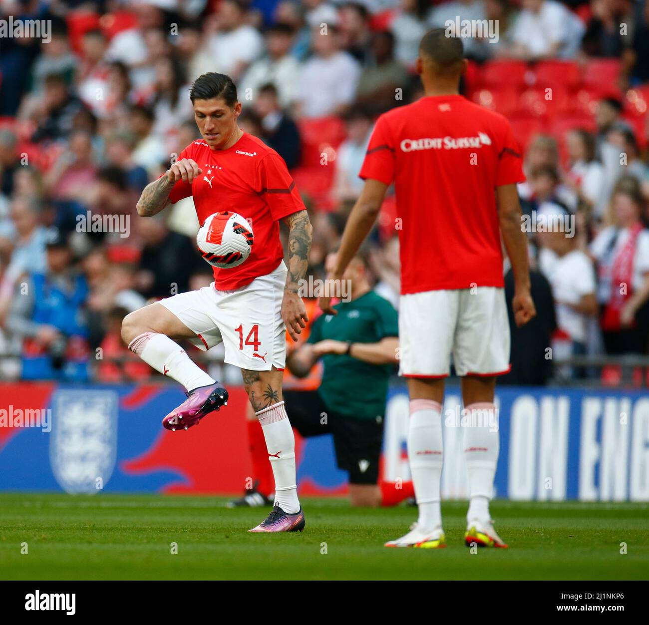LONDON, ENGLAND - MARCH 26: Steven Zuber of Switzerland during the pre-match warm-up  during An Alzheimer's Society International between England and Stock Photo