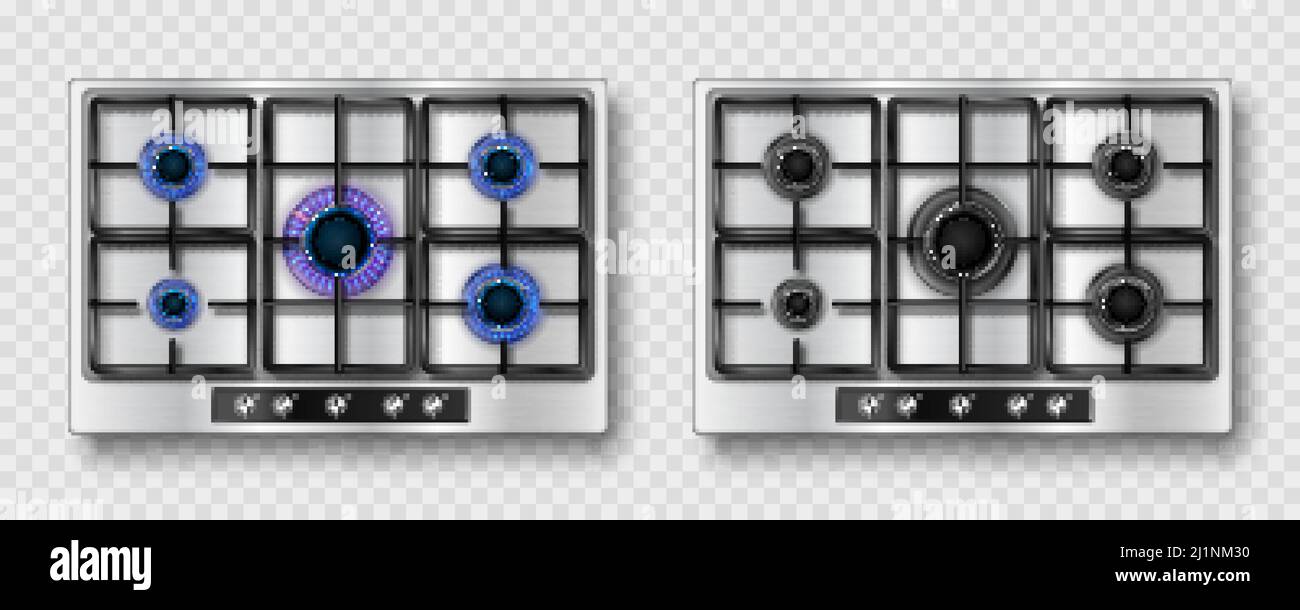 Gas stove with blue flame and black steel grate. Kitchen stainless cooktop with lit and off burners. Vector realistic set of burning propane butane on Stock Vector