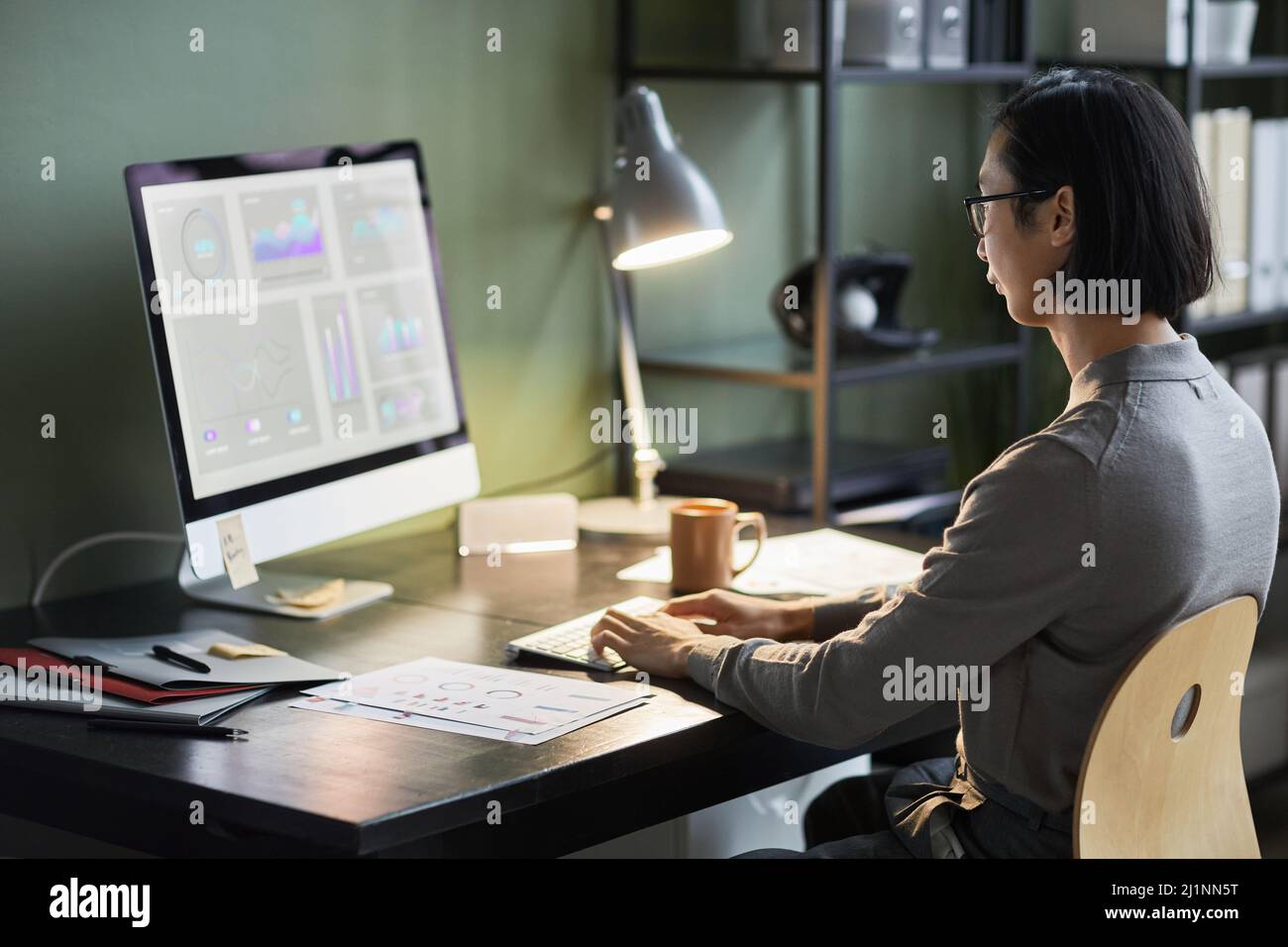 Side view shot of young Asian businessman using computer with data