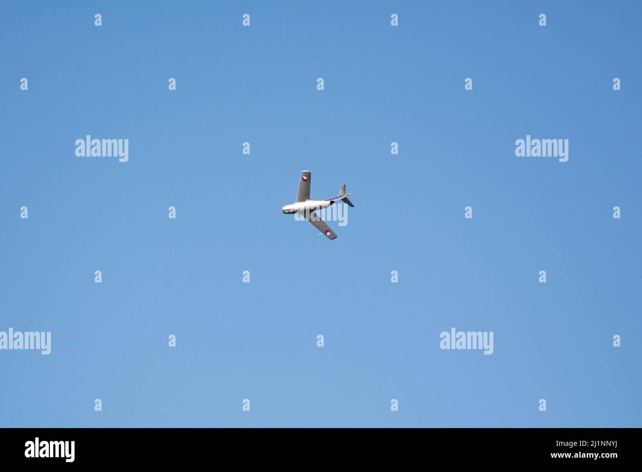 Czech Mig-15UTI 'Midget' OK-UTI2514 vintage jet plane landing with flaps deployed at NATO Days air show. Stock Photo