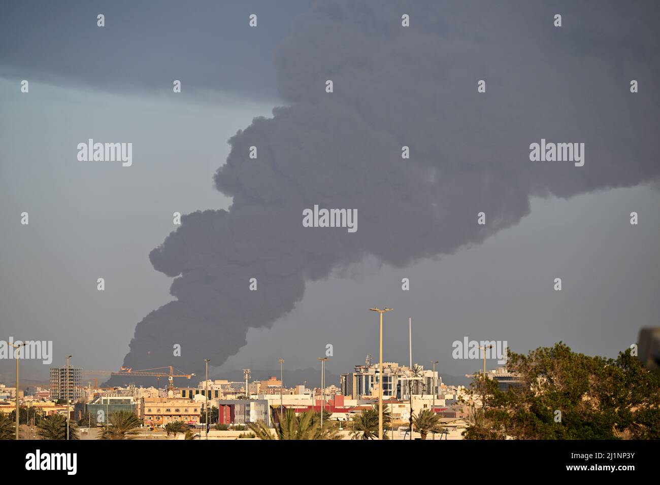 Amarmco oil facility in fire after an attack from the Houthis during the Formula 1 STC Saudi Arabian Grand Prix 2022, 2nd round of the 2022 FIA Formula One World Championship, on the Jeddah Corniche Circuit, from March 25 to 27, 2022 in Jeddah, Saudi Arabia - Photo DPPI Stock Photo