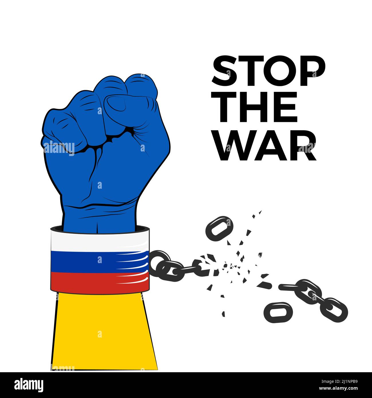 Arm breaks shackles on white background. Stop the War banner. Vector illustration Stock Vector
