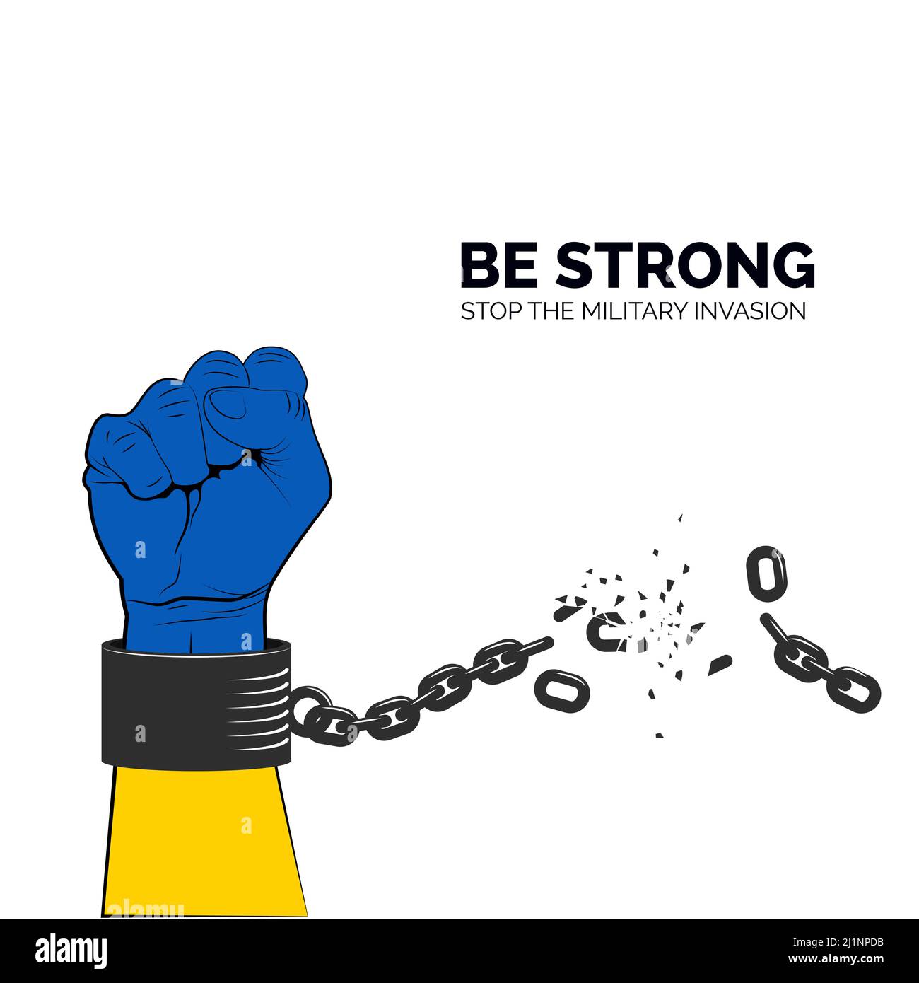 Arm in Ukrainian national flag colors breaks shackles on white background. Stop the War banner. Vector illustration Stock Vector